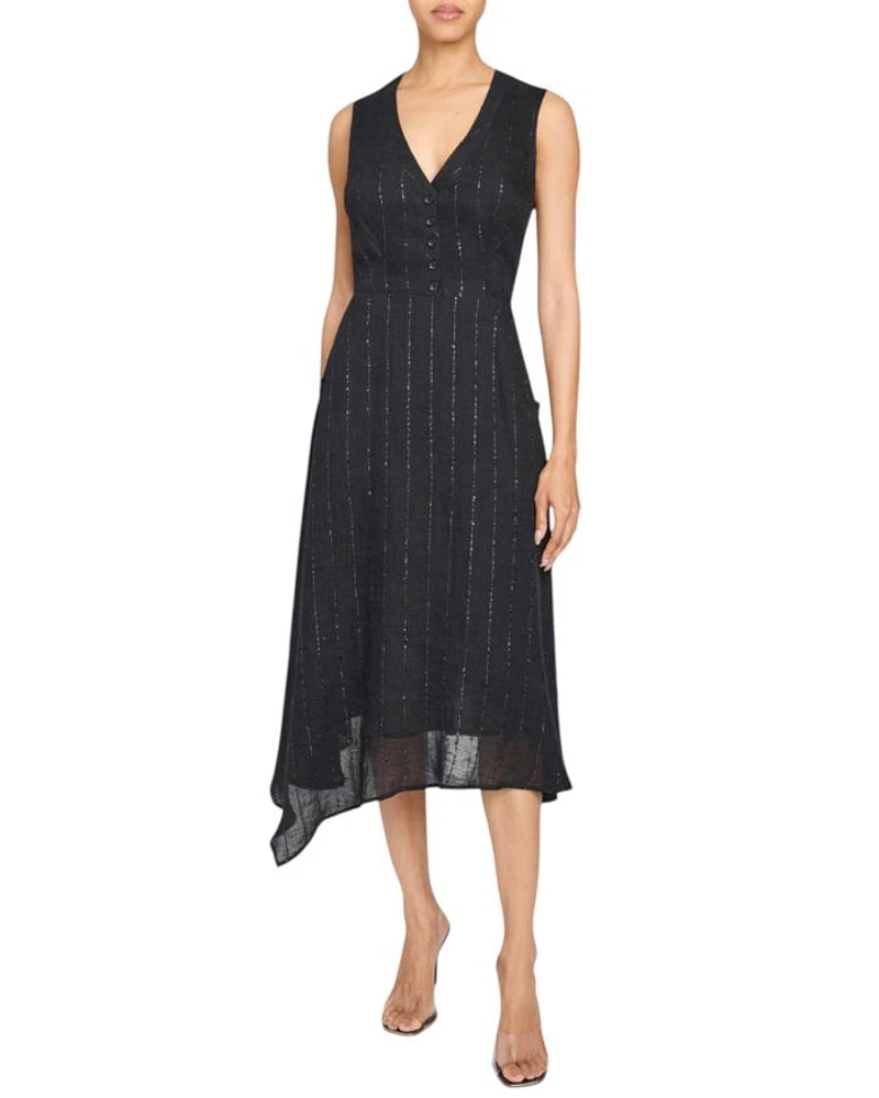 NIA Sleeveless Midi Dress with Asymmetric Hemline and Button Details Metallic Striped Linen