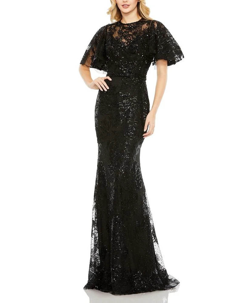 Embellished Flutter Sleeve High Neck Gown