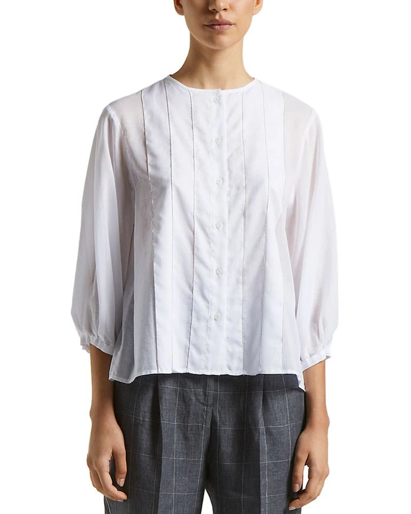 Pintuck Collarless Blouse