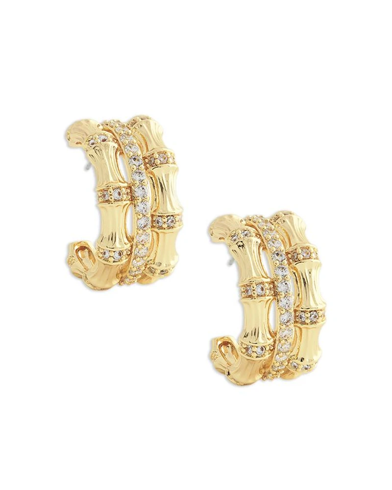 Pavé Bamboo Stacked Half Hoop Earrings in 18K Gold Plated