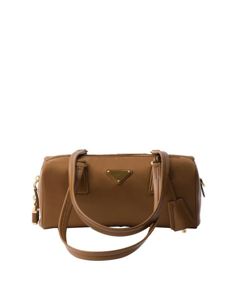 Re-Nylon and Leather Medium Top-Handle Bag with Padlock