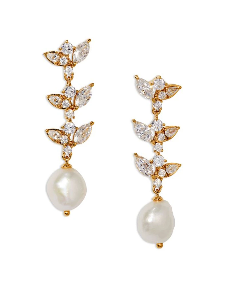 Ravish Cubic Zirconia & Freshwater Pearl Linear Drop Earrings in Gold Tone