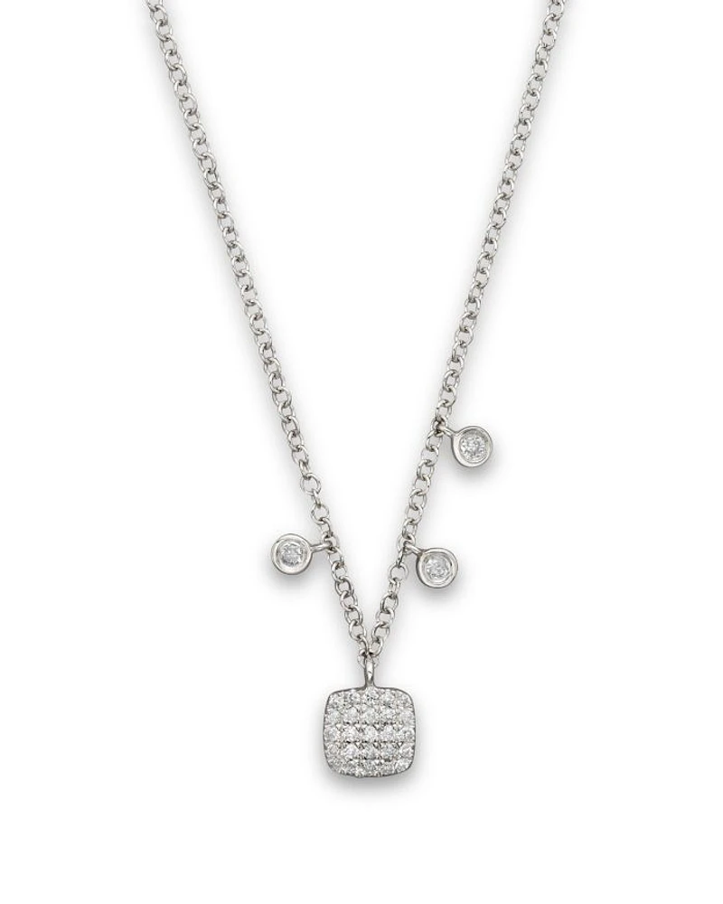 14K White Gold Square Pavé Diamond Disc Necklace, 16"