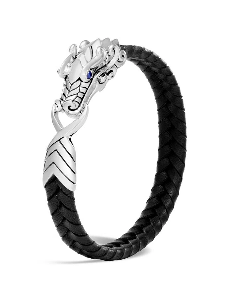 Men's Sterling Silver Legends Naga Bracelet with Braided Black Leather and Sapphire Eyes