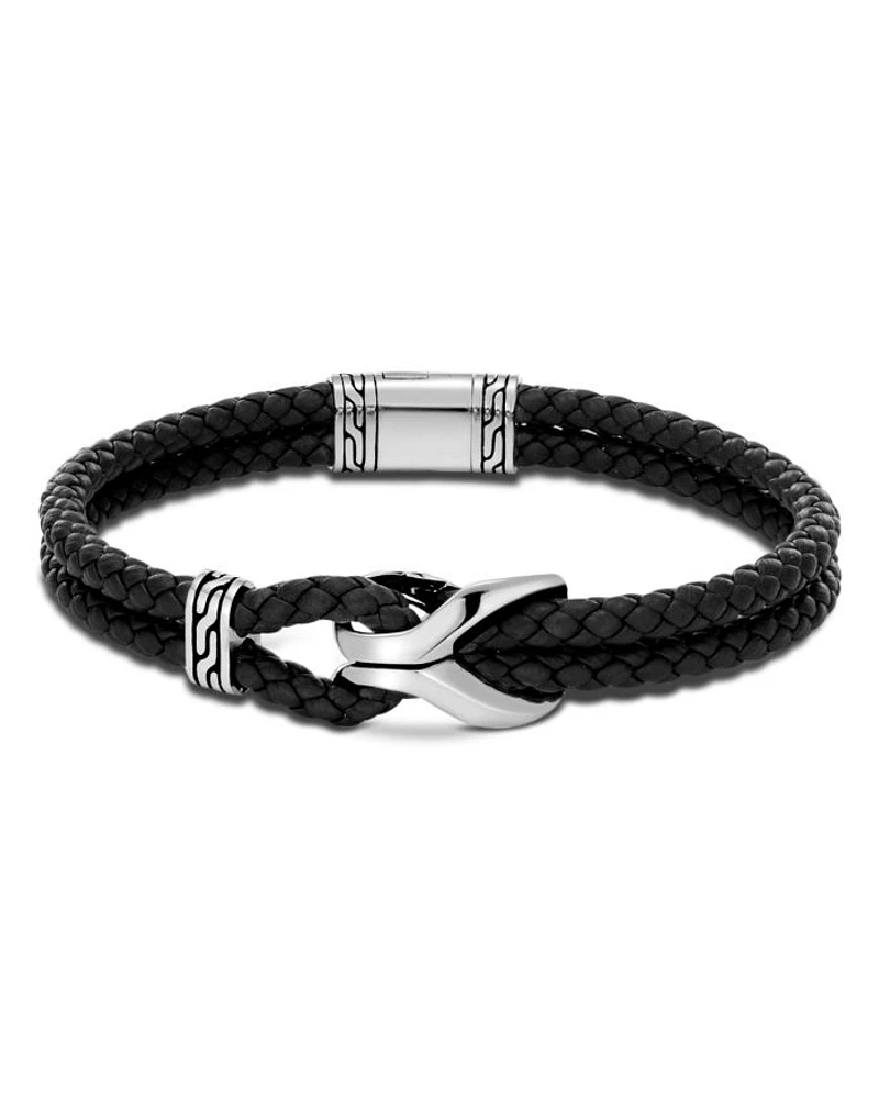 Sterling Silver Classic Chain Cord Bracelet with Black Leather