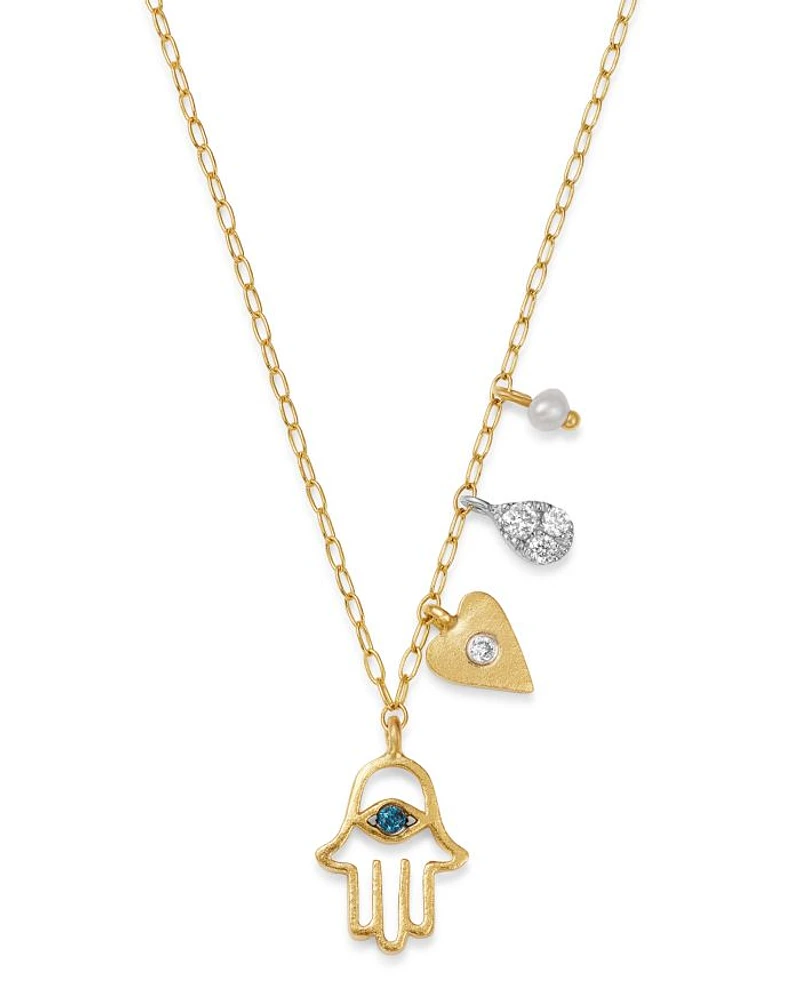 14K Yellow Gold & 14K White Gold Diamond & Cultured Freshwater Seed Pearl Hamsa & Heart Charm Adjustable Pendant Necklace, 18"
