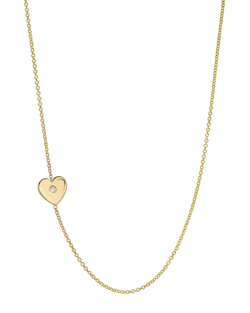 14K Yellow Gold Diamond Heart Station Necklace, 18"