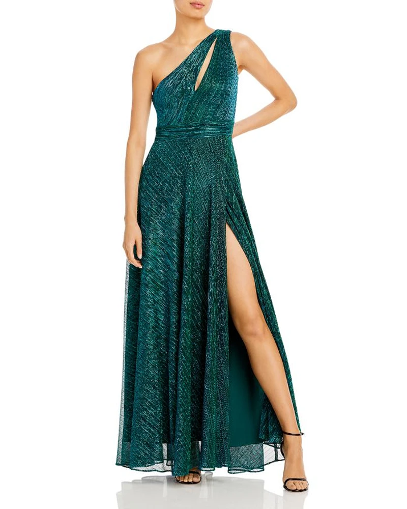 One Shoulder Crinkled Metallic Gown - Exclusive