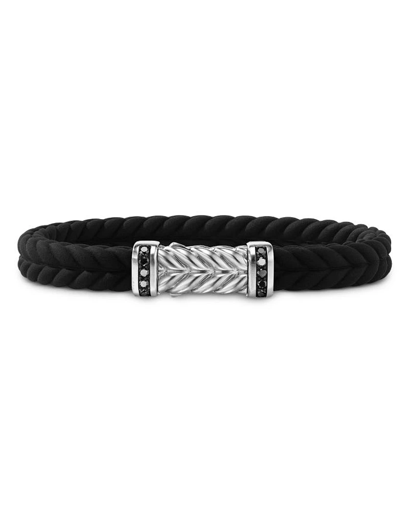 Men's Sterling Silver Chevron Black Diamond Pavé Woven Rubber Bracelet