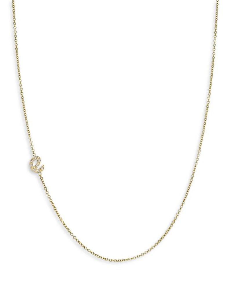 14K Yellow Gold Diamond Script Initial Asymmetrical Necklace, 16-18"