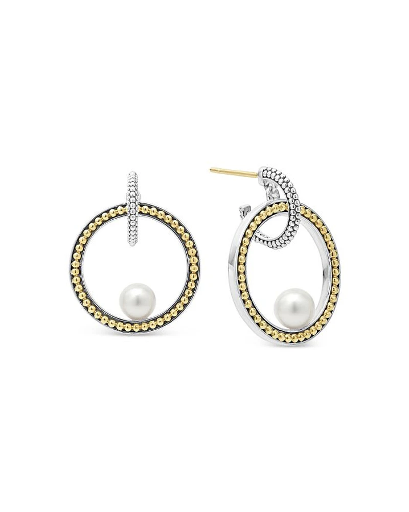 18K Yellow Gold & Sterling Silver Luna Cultured Freshwater Pearl Interlocking Drop Hoop Earrings