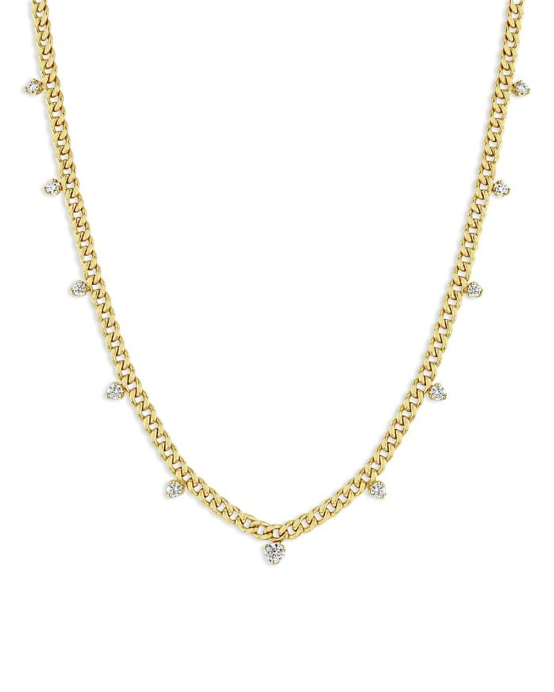 14K Yellow Gold Prong Diamonds Diamond Dangle Curb Link Collar Necklace, 16"