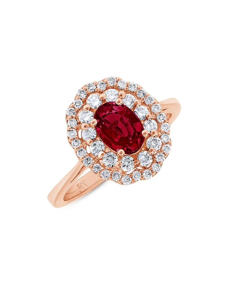 Precious Stone & Diamond Halo Oval Ring in 14K Gold