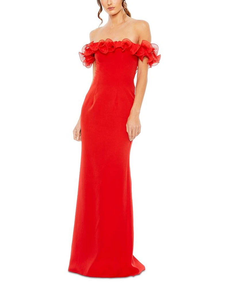 Off the Shoulder Ruffle Detail Column Gown
