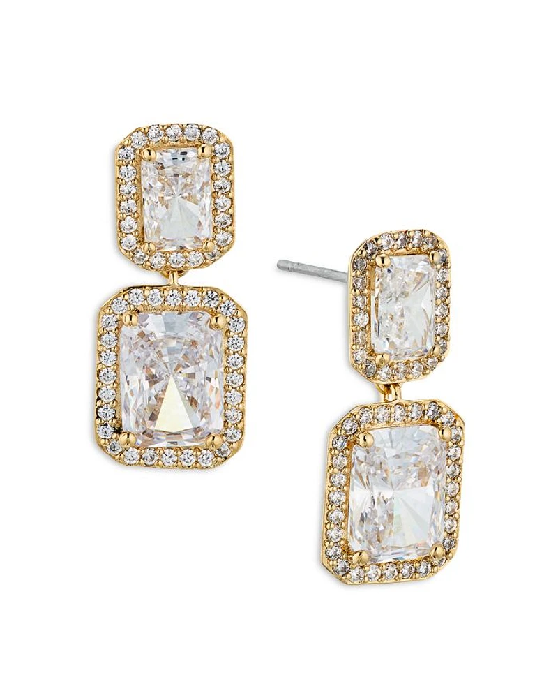 Emerald Cut Halo Drop Earrings 18K Gold Plated or Rhodium