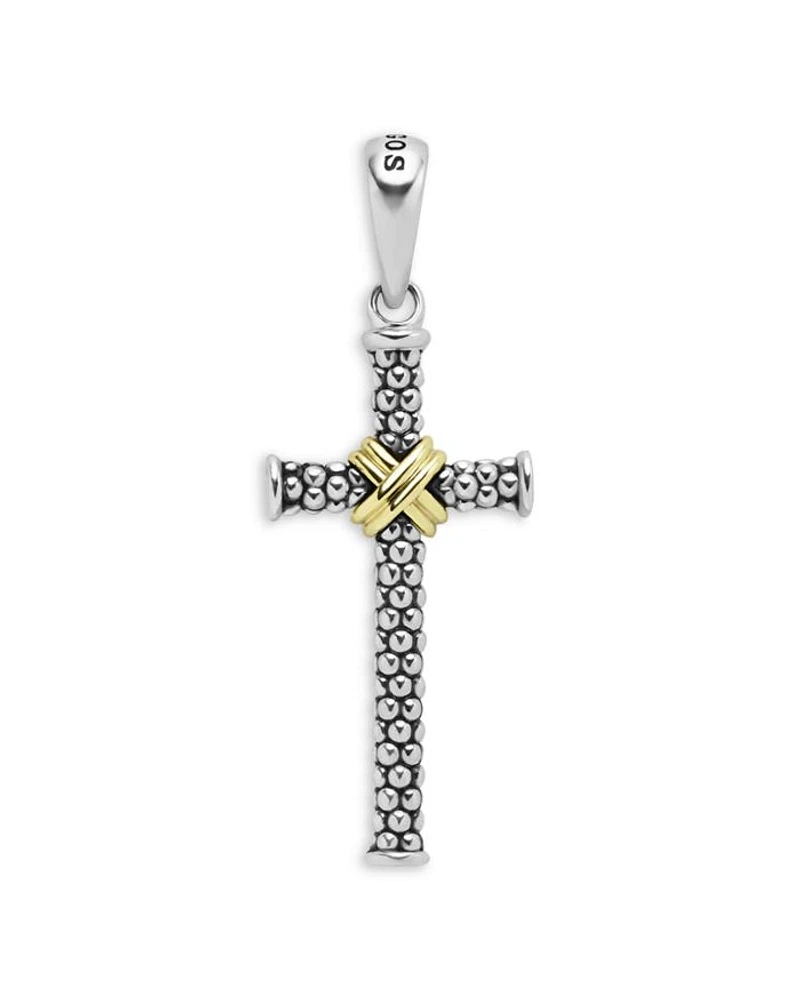 Men's 18K Yellow Gold Sterling Silver Anthem Caviar Bead X Cross Pendant - Exclusive