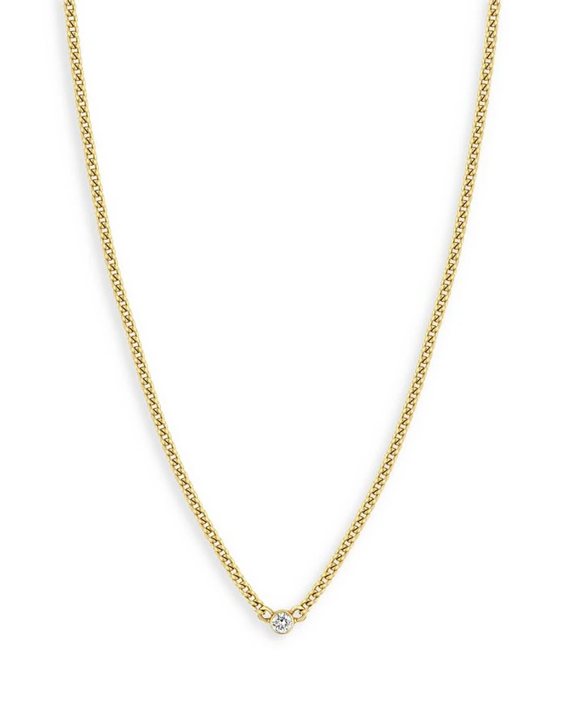 14K Yellow Gold Bezel Diamonds Curb Chain Pendant Necklace, 14"-16"