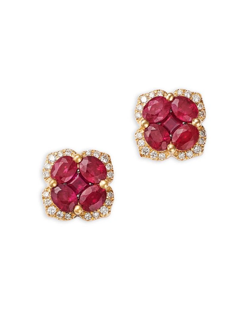Ruby & Diamond Flower Halo Stud Earrings in 14K Yellow Gold