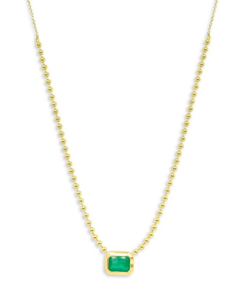 14K Yellow Gold Ball Chain Emerald Solitaire Necklace, 18"