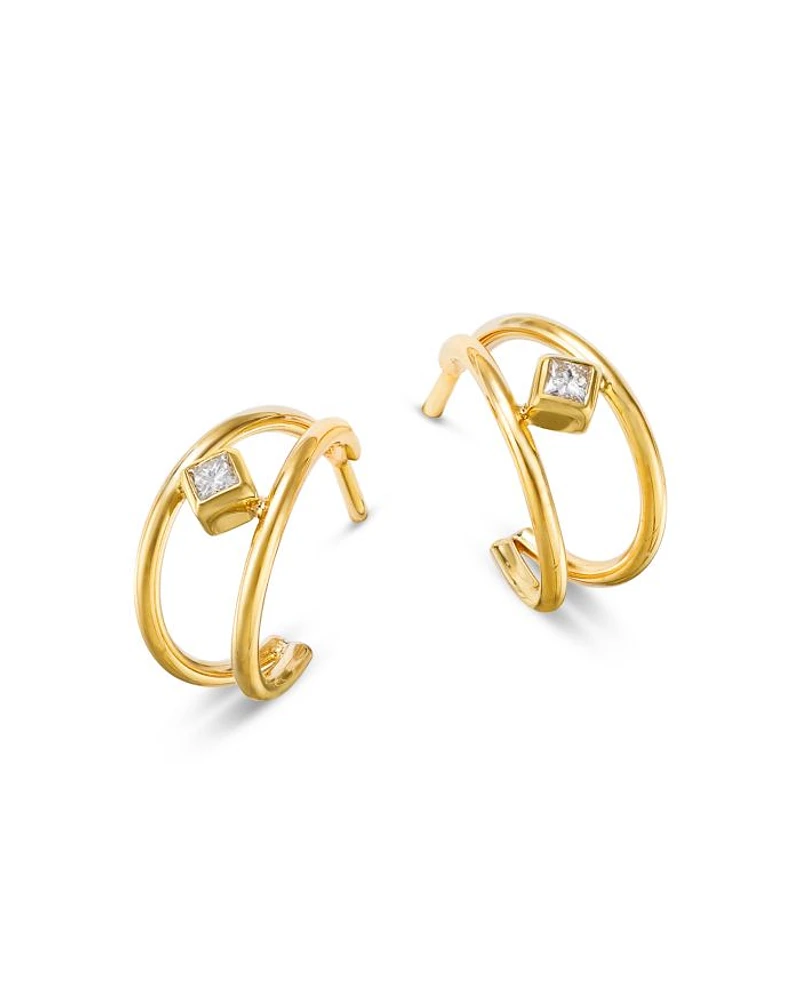 14K Yellow Gold Princess Diamonds Double Wire Huggie Hoop Earrings