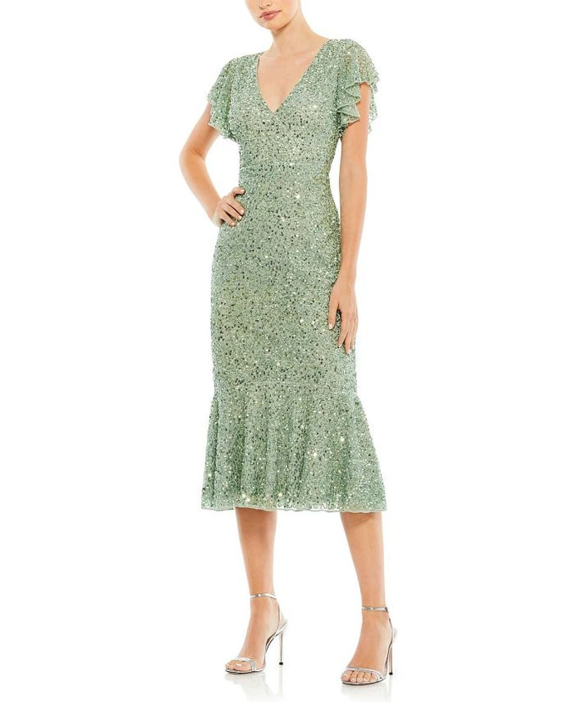 Sequined V Neck Flutter Cap Sleeve Trumpet Dress