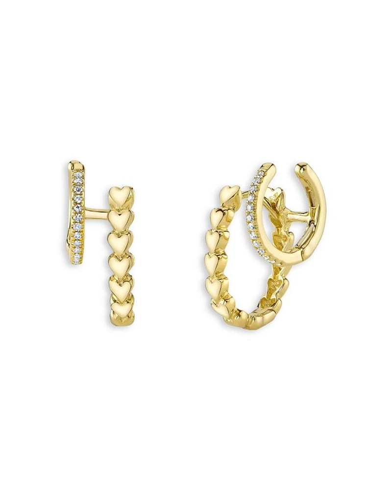 14K Yellow Gold Kate Diamond & Hearts Double Hoop Earrings