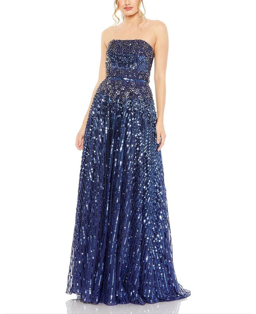 Strapless Hand Embellished Beaded A Line Gown