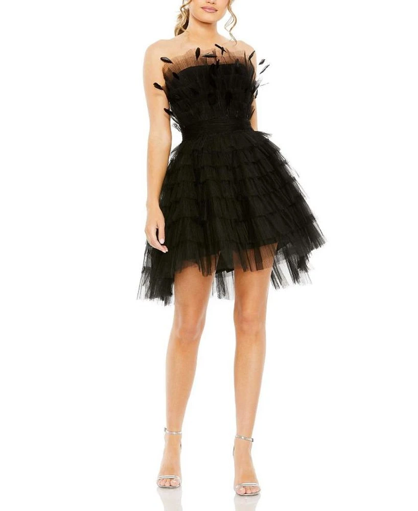 Feathered Strapless Tulle Fit and Flare Dress