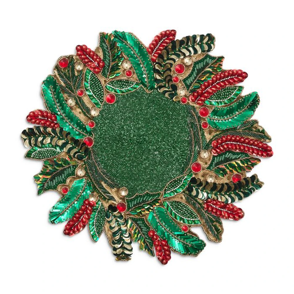 Holly and Sprig Placemat in Green, Red & Gold Tones