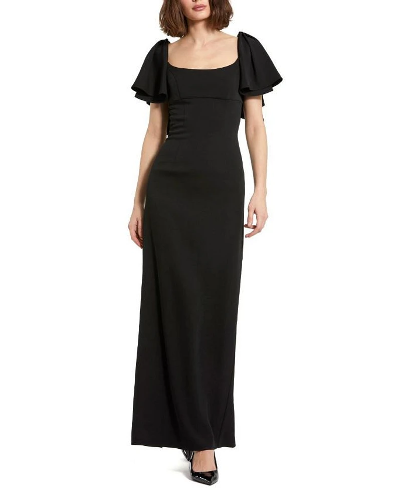Crepe Ruffle Sleeve Fitted Maxi Dress