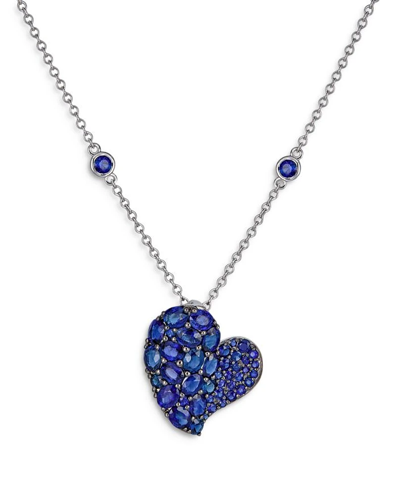 18K White Gold Wave Heart Blue Sapphire Pavé Pendant Necklace, 16-18"