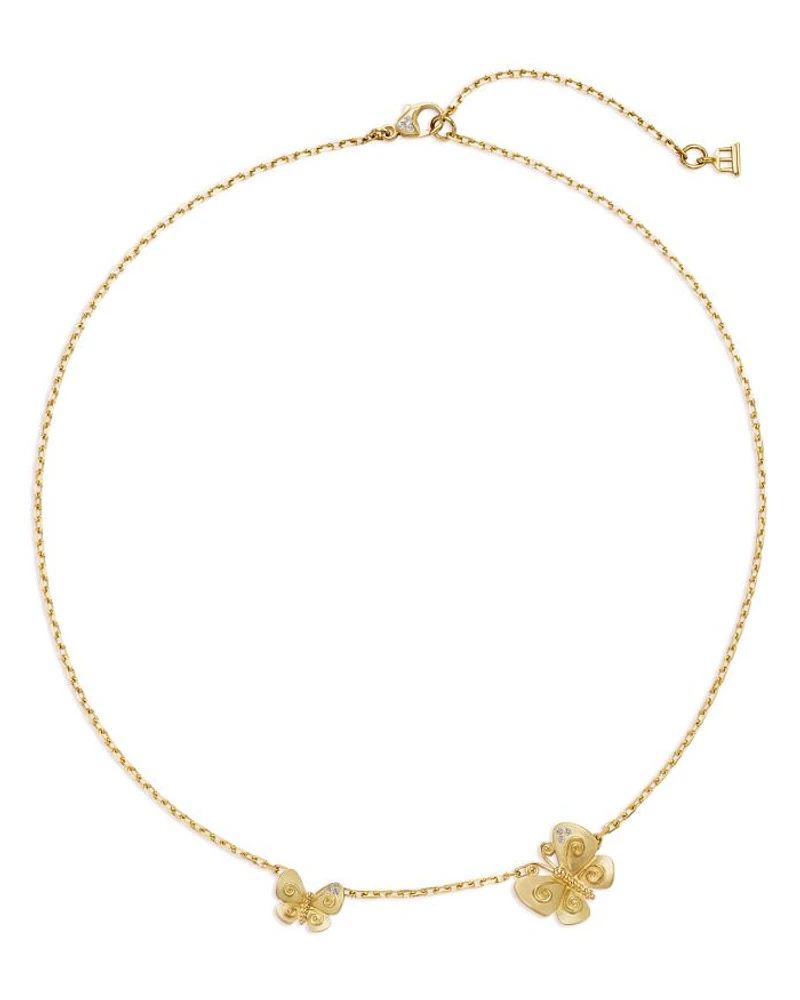 18K Yellow Gold FJ Diamond Two Butterfly Pendant Necklace, 16-18"