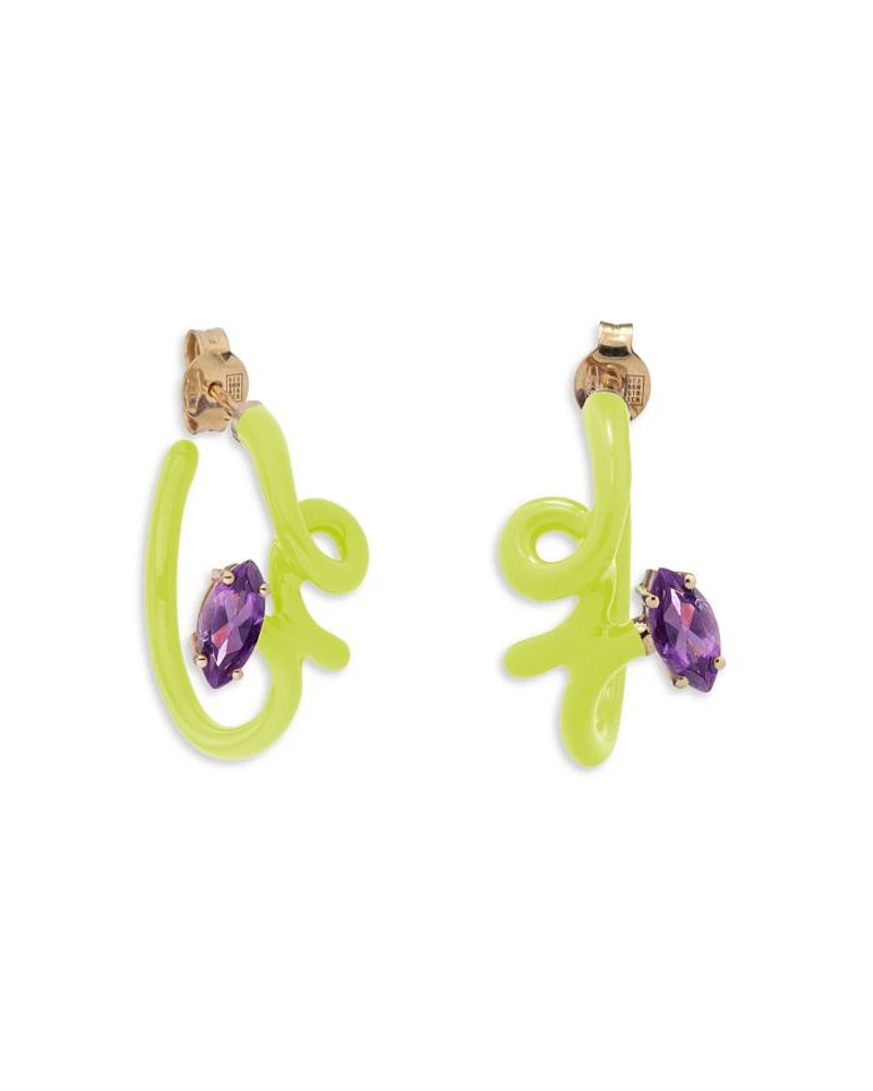 9K Yellow Gold & Sterling Silver You're So Vine Amethyst Lime Green Hoop Earrings