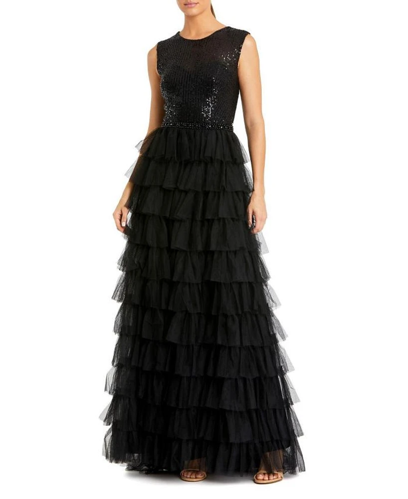 Ruffle Tiered Sequin High Neck Gown