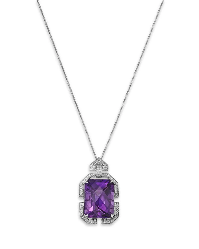 14K White Gold Amethyst & Diamond Necklace, 18"