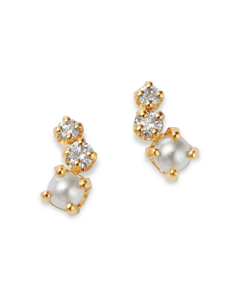 14K Yellow Gold Graduated Curved Diamond & Cultured Freshwater Pearl Stud Earrings