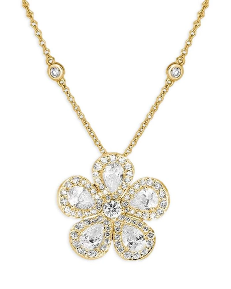 18K Yellow Gold Classic Flower Diamond Flower Pendant Necklace, 16"-17"