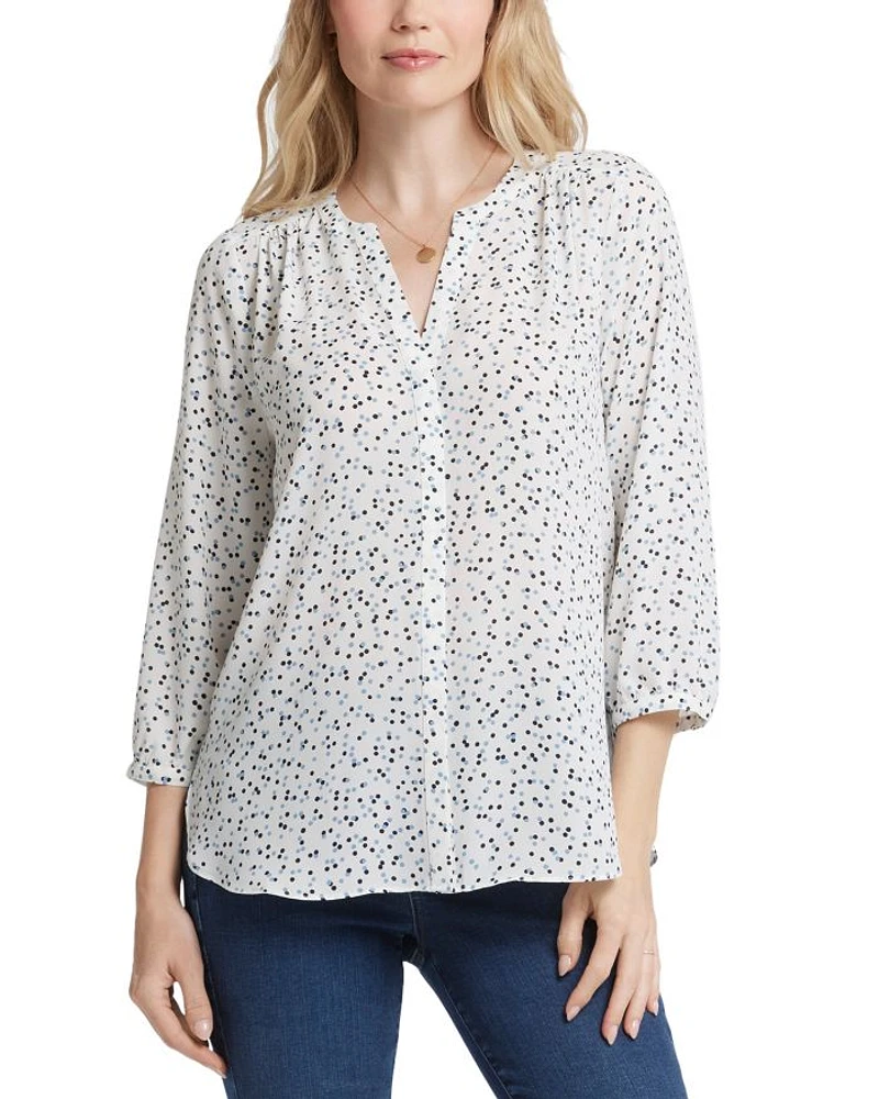 Three Quarter Sleeve Printed Pintucked Back Blouse