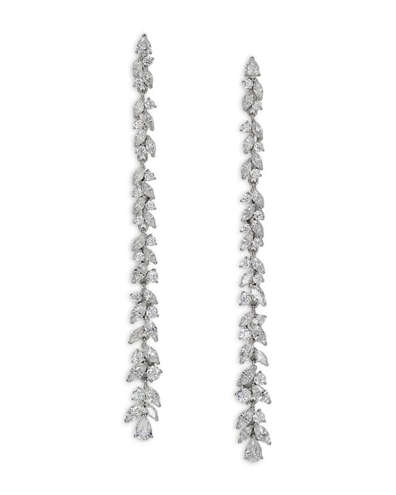 Sav Cubic Zirconia Cluster Linear Drop Earrings in Rhodium Plated