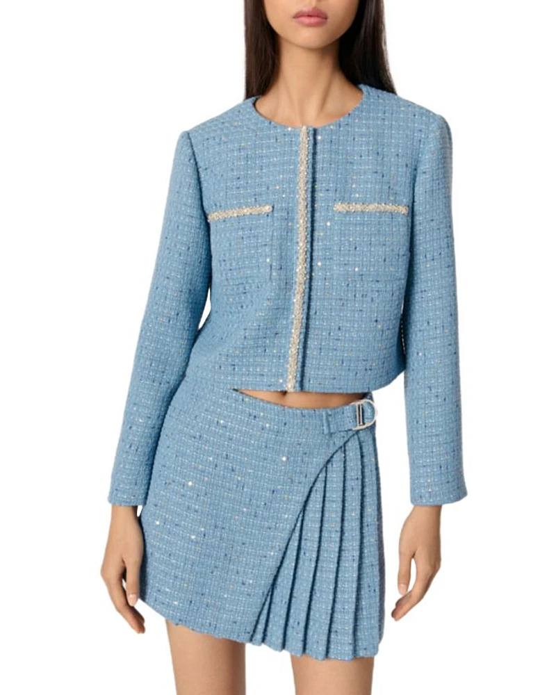 Short Sequin Embellished Tweed Jacket