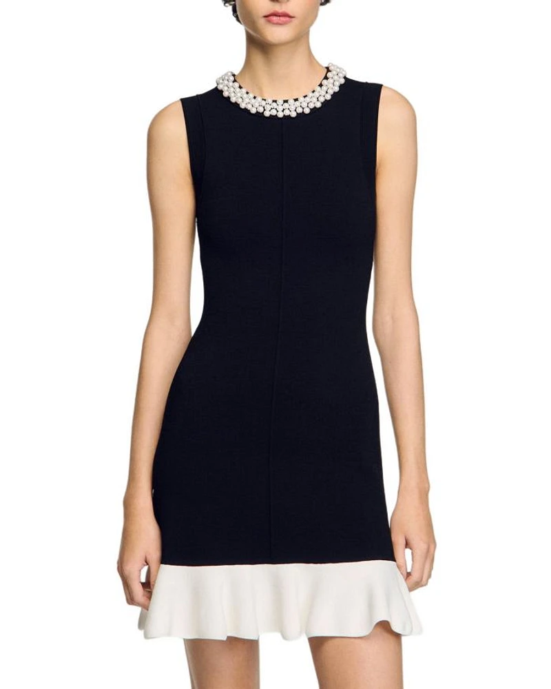 Short Knit Dress with Beaded Neck
