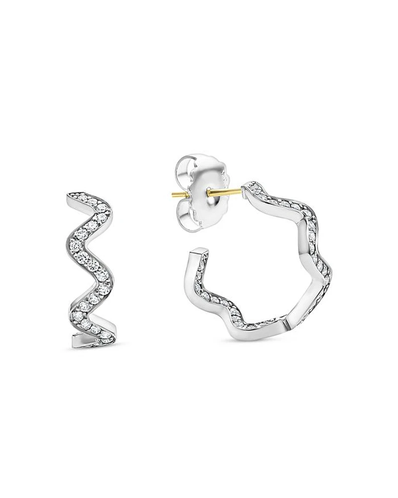 Sterling Silver Caviar Spark Diamond Wavy Huggie Hoop Earrings