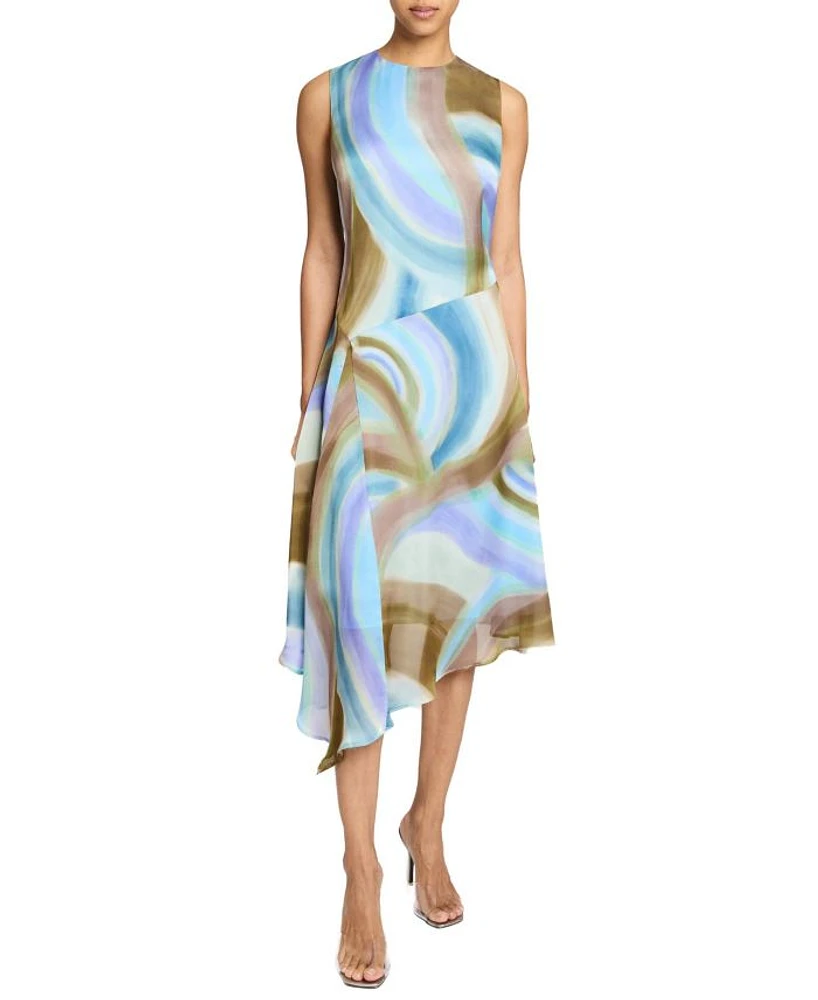 CECILIA Sleeveless Abstract Swirl Print Midi Dress with Asymmetrical Hemline