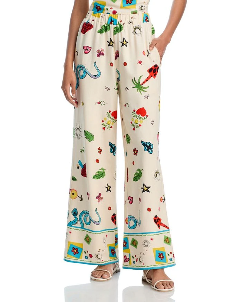 Border Print Mixed Wide Leg Pants - Exclusive