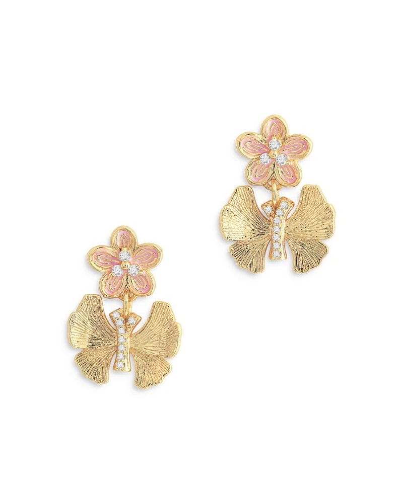 Pavé Butterfly & Flower Drop Earrings in 18K Gold Plated