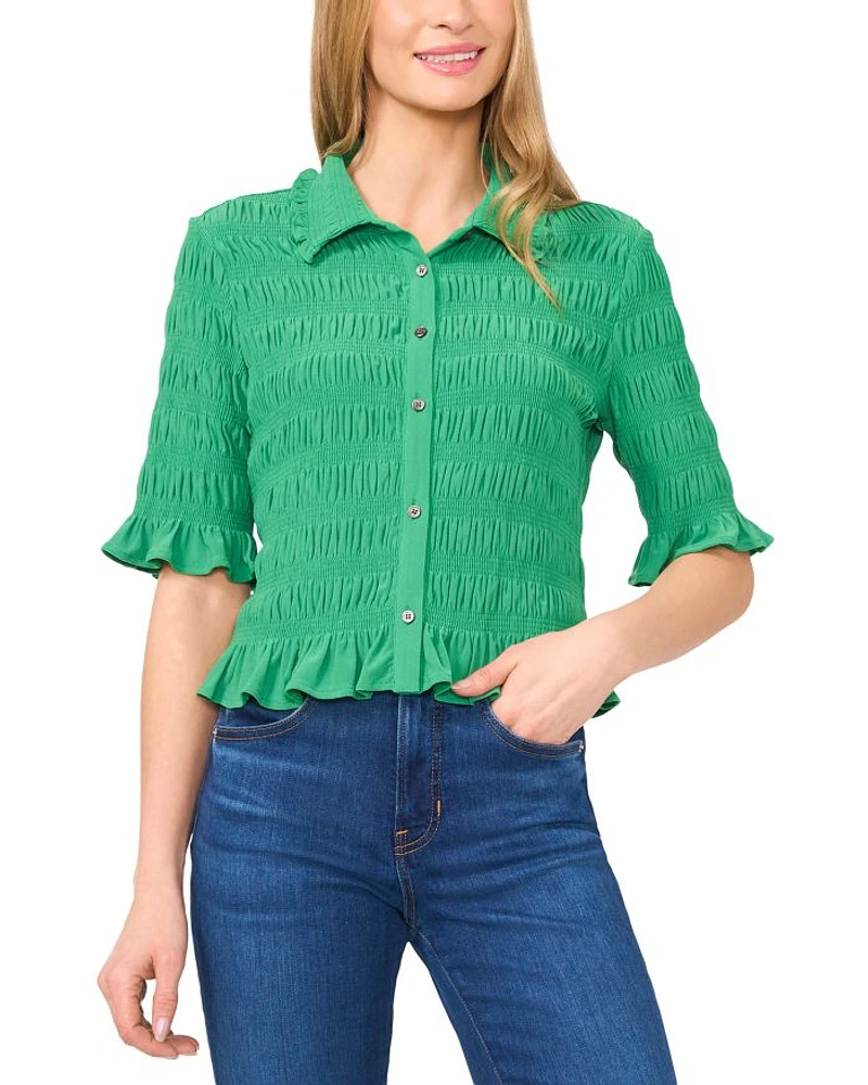 Smocked Elbow Sleeve Ruffle Blouse