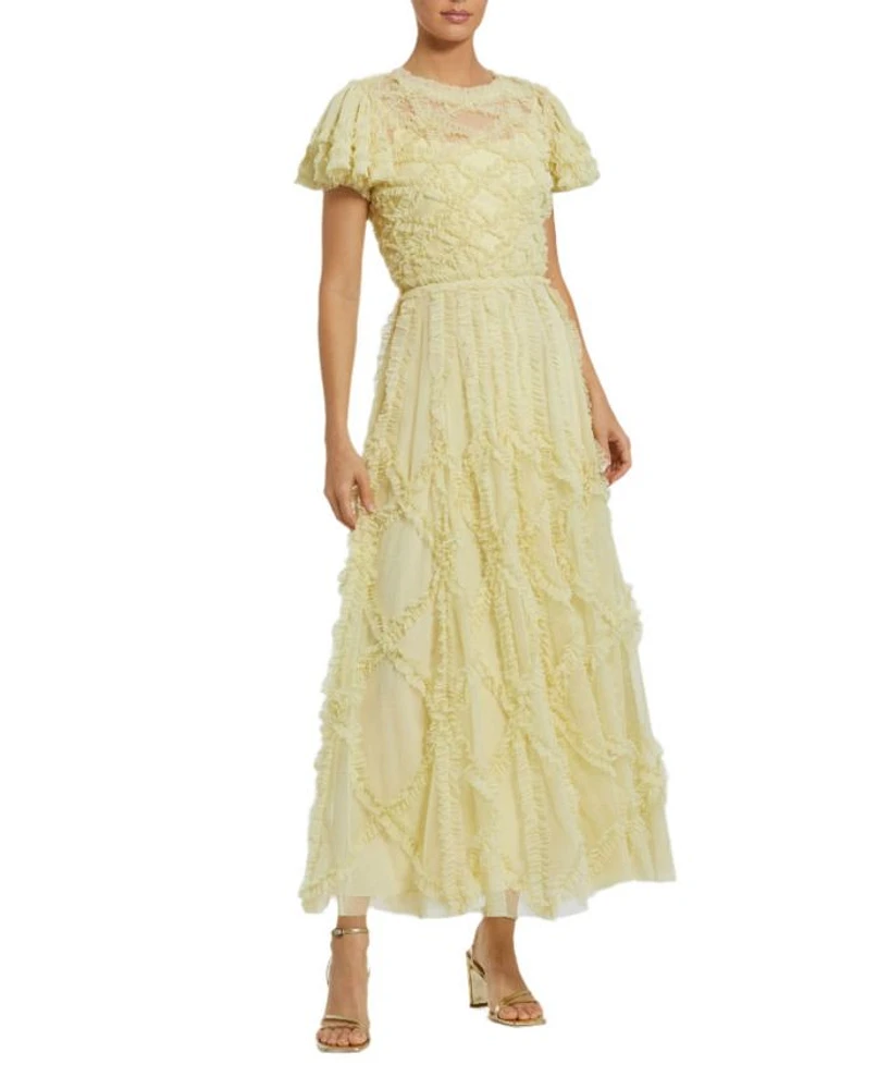 Solid Mesh Dotted Micro Ruffle High Neck Dress
