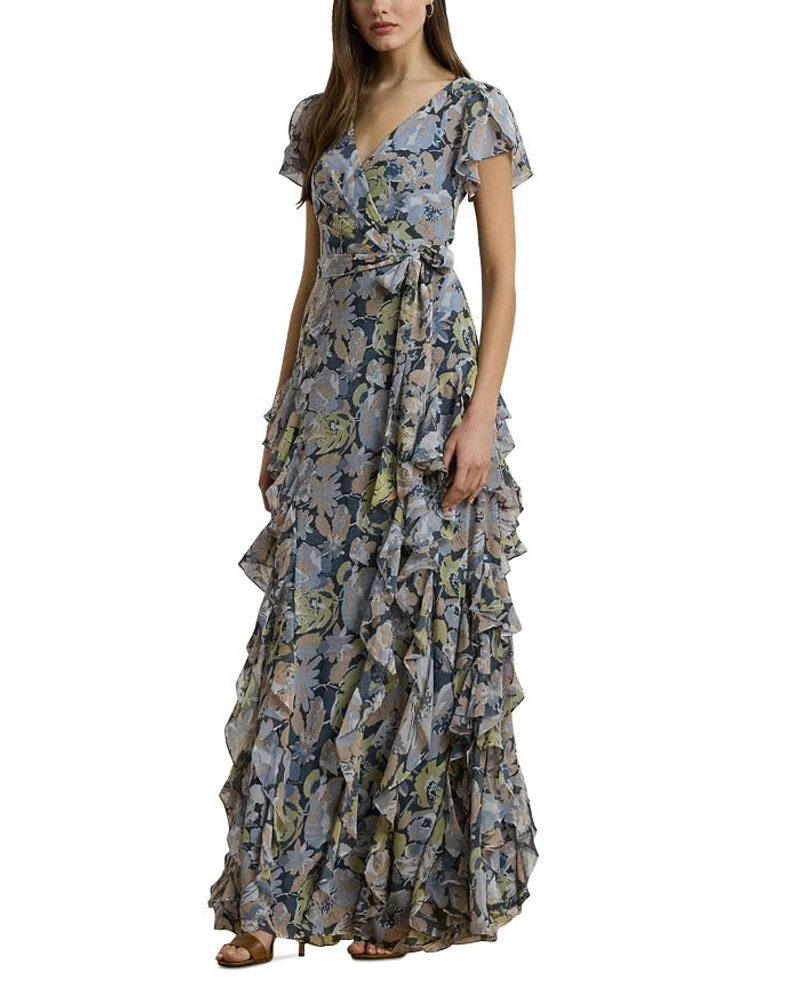 Floral Ruffle Trim Georgette Gown