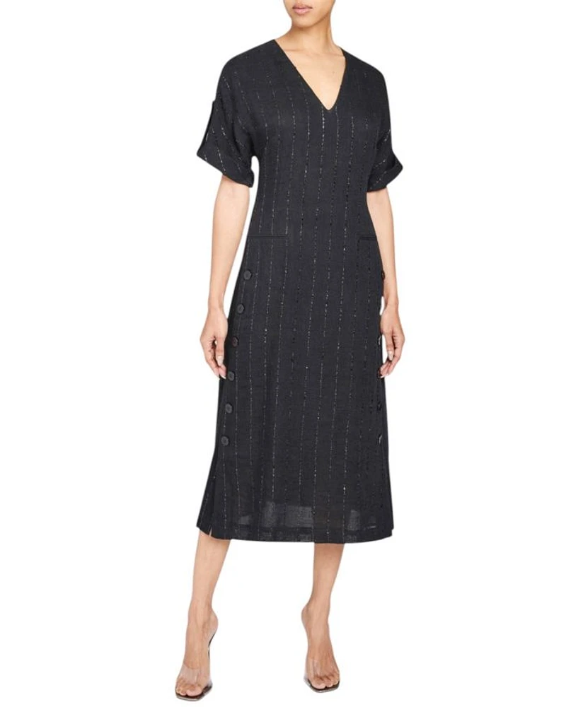 Serafina Short Sleeve Midi Shift Dress with Side Skirt Buttons Metallic Striped Linen
