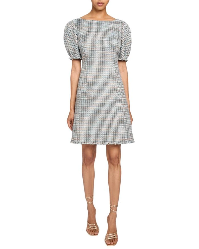Violet A-Line Shift Dress with Puff Sleeves Luxury Tweed Lurex